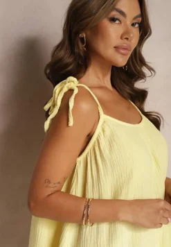 Żółta Bawełniana Sukienka Muślinowa o Pudełkowym Kroju na Ramiączkach z Wiązaniem Xirvia