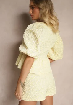 Żółta Bluzka we Wzór w Kwiaty z Falbaną i Bufiastymi Rękawami Gonavira