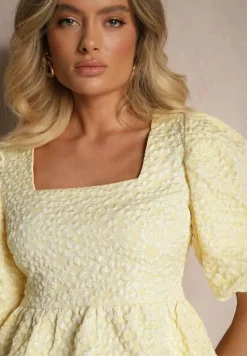 Żółta Bluzka we Wzór w Kwiaty z Falbaną i Bufiastymi Rękawami Gonavira