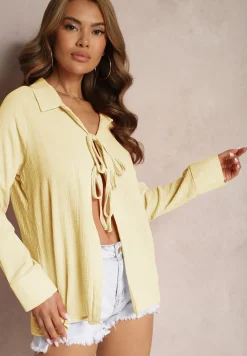 Żółta Casualowa Bluzka z Bawełny Wykończona Wiązaniem i Kołnierzykiem Cyrilla