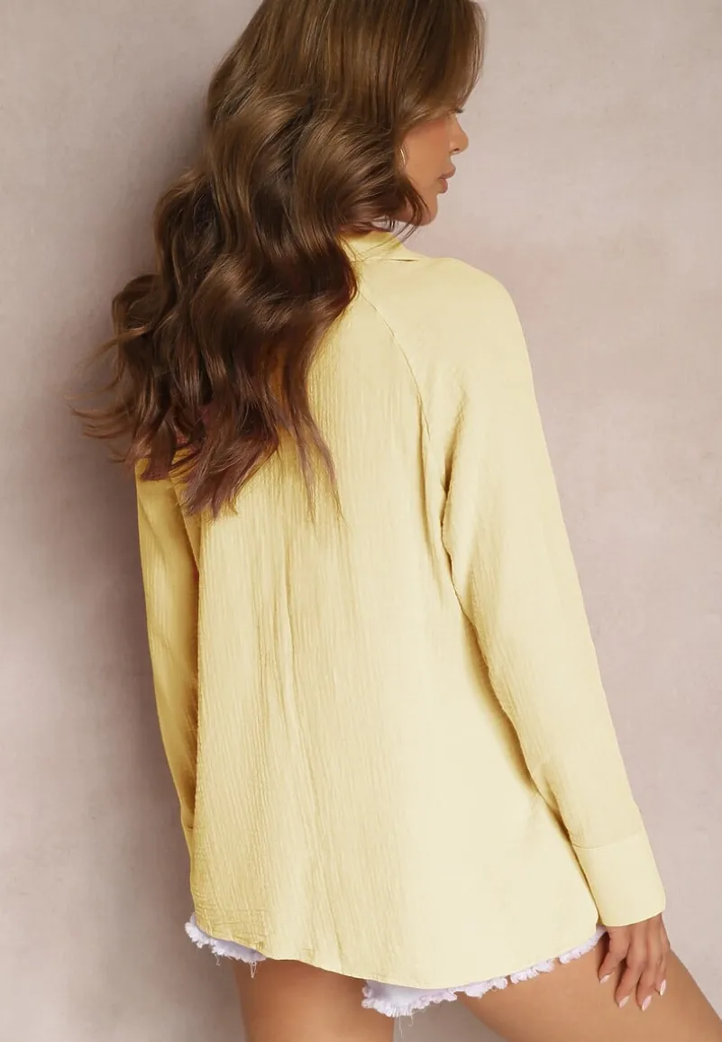 Żółta Casualowa Bluzka z Bawełny Wykończona Wiązaniem i Kołnierzykiem Cyrilla