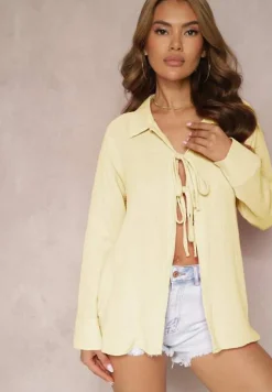 Żółta Casualowa Bluzka z Bawełny Wykończona Wiązaniem i Kołnierzykiem Cyrilla