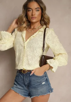 Żółta Haftowana Koszula z Bawełny z Koronką Natraviela