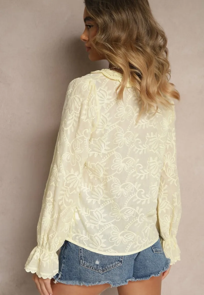 Żółta Haftowana Koszula z Bawełny z Koronką Natraviela