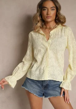 Żółta Haftowana Koszula z Bawełny z Koronką Natraviela