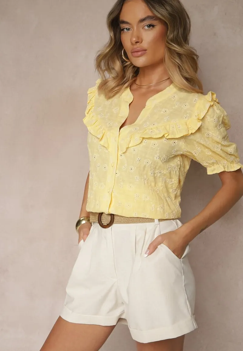 Żółta Haftowana Koszula z Wiskozą i Falbanką Rinirea