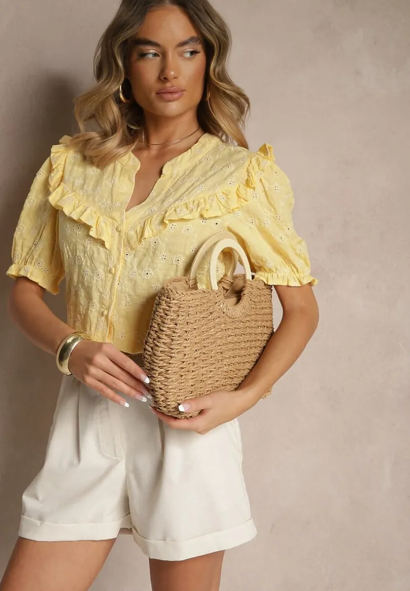 Żółta Haftowana Koszula z Wiskozą i Falbanką Rinirea