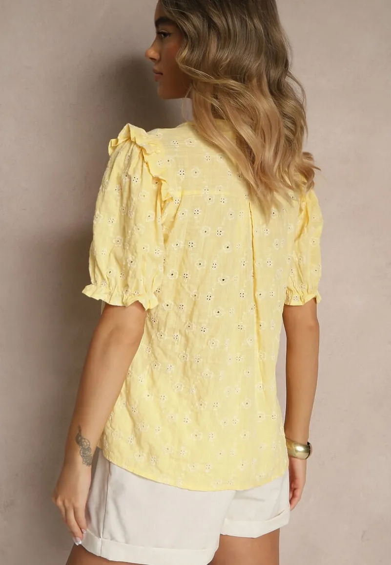 Żółta Haftowana Koszula z Wiskozą i Falbanką Rinirea