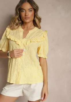 Żółta Haftowana Koszula z Wiskozą i Falbanką Rinirea
