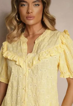 Żółta Haftowana Koszula z Wiskozą i Falbanką Rinirea