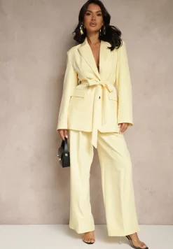 Żółta Jednorzędowa Marynarka o Taliowanym Fasonie z Wiązanym Paskiem Daviritte