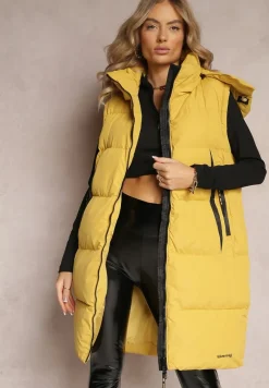 Żółta Kamizelka o Długim Fasonie z Kapturem i Kieszeniami Xildove
