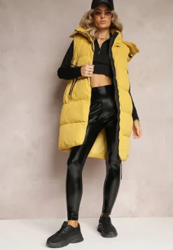 Żółta Kamizelka o Długim Fasonie z Kapturem i Kieszeniami Xildove