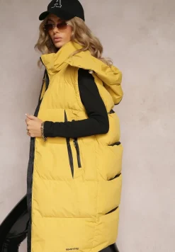 Żółta Kamizelka o Długim Fasonie z Kapturem i Kieszeniami Xildove