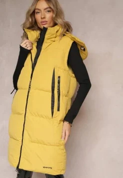 Żółta Kamizelka o Długim Fasonie z Kapturem i Kieszeniami Xildove