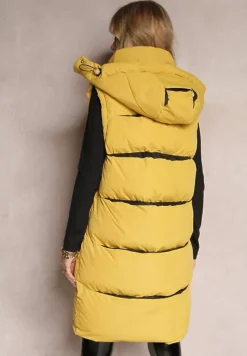 Żółta Kamizelka o Długim Fasonie z Kapturem i Kieszeniami Xildove