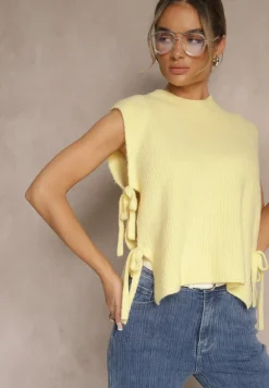 Żółta Kamizelka z Dzianiny z Wełną i Wiskozą Zdobiona Wiązaniami Annivoriae