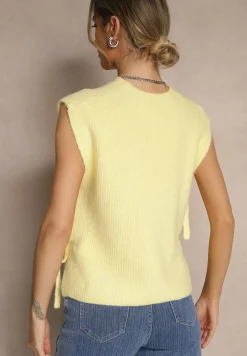 Żółta Kamizelka z Dzianiny z Wełną i Wiskozą Zdobiona Wiązaniami Annivoriae