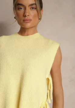 Żółta Kamizelka z Dzianiny z Wełną i Wiskozą Zdobiona Wiązaniami Annivoriae