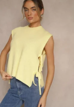 Żółta Kamizelka z Dzianiny z Wełną i Wiskozą Zdobiona Wiązaniami Annivoriae