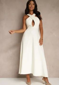 Żółta Koktajlowa Sukienka z Wiskozą i Dekoltem Halter Dolmanna