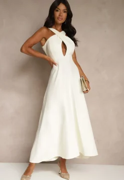 Żółta Koktajlowa Sukienka z Wiskozą i Dekoltem Halter Dolmanna