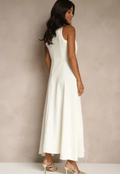 Żółta Koktajlowa Sukienka z Wiskozą i Dekoltem Halter Dolmanna