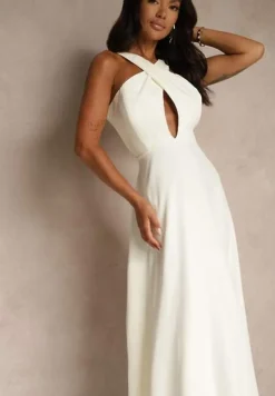 Żółta Koktajlowa Sukienka z Wiskozą i Dekoltem Halter Dolmanna