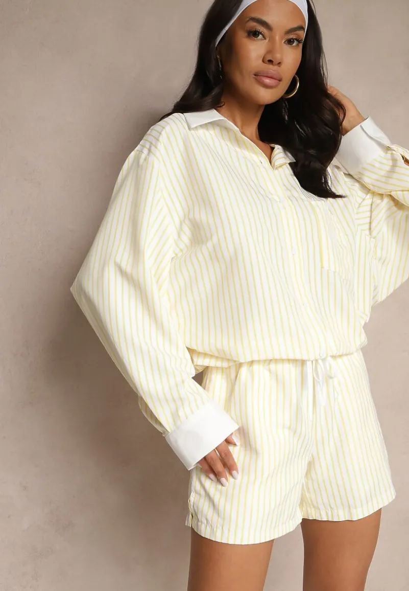 Żółta Koszula Ozdobiona Kieszonką i Paskami Zarindia