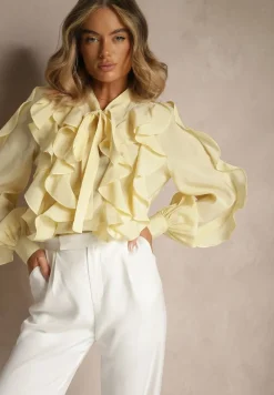Żółta Koszula z Wiskozą Zdobiona Falbanami i Wiązaniem przy Szyi Ravissa