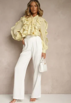 Żółta Koszula z Wiskozą Zdobiona Falbanami i Wiązaniem przy Szyi Ravissa