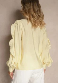 Żółta Koszula z Wiskozą Zdobiona Falbanami i Wiązaniem przy Szyi Ravissa