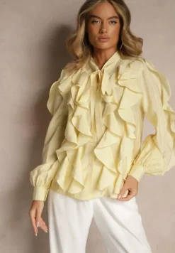 Żółta Koszula z Wiskozą Zdobiona Falbanami i Wiązaniem przy Szyi Ravissa