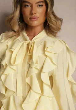 Żółta Koszula z Wiskozą Zdobiona Falbanami i Wiązaniem przy Szyi Ravissa