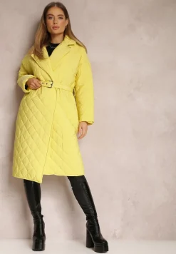 Żółta Kurtka za Kolano z Paskiem Pikowana Oversize Ugduca