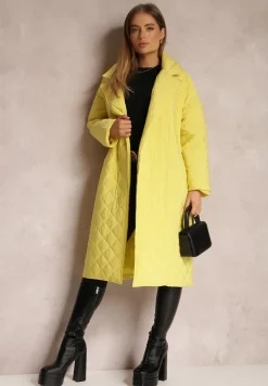 Żółta Kurtka za Kolano z Paskiem Pikowana Oversize Ugduca
