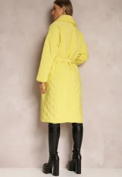 Żółta Kurtka za Kolano z Paskiem Pikowana Oversize Ugduca