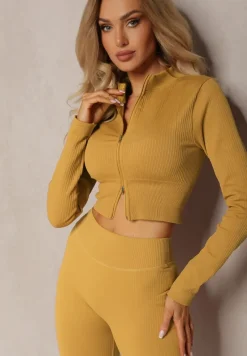 Żółta Prążkowana Bluza o Krótkim Fasonie Dwoma Suwakami Aloue