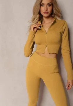 Żółta Prążkowana Bluza o Krótkim Fasonie Dwoma Suwakami Aloue