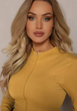 Żółta Prążkowana Bluza o Krótkim Fasonie Dwoma Suwakami Aloue