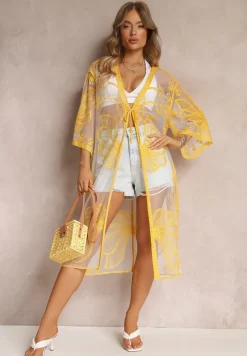 Żółta Przezroczysta Narzutka z Haftem i Wiązaniem w Pasie Miri