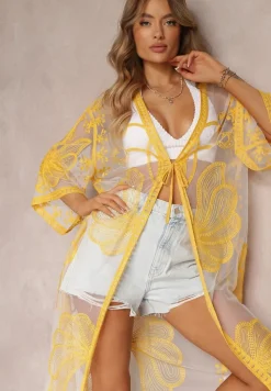 Żółta Przezroczysta Narzutka z Haftem i Wiązaniem w Pasie Miri