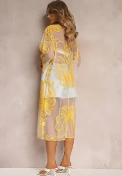 Żółta Przezroczysta Narzutka z Haftem i Wiązaniem w Pasie Miri