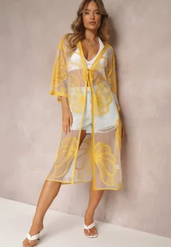 Żółta Przezroczysta Narzutka z Haftem i Wiązaniem w Pasie Miri