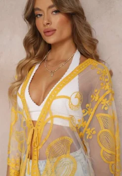 Żółta Przezroczysta Narzutka z Haftem i Wiązaniem w Pasie Miri