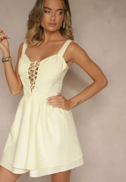 Żółta Rustykalna Sukienka Vices z Bawełny Zdobiona Wiązaniem Fenirelle