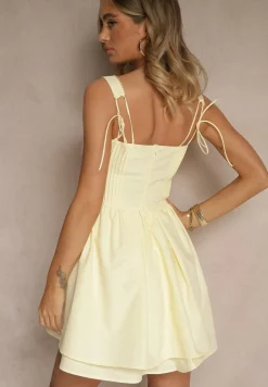 Żółta Rustykalna Sukienka Vices z Bawełny Zdobiona Wiązaniem Fenirelle