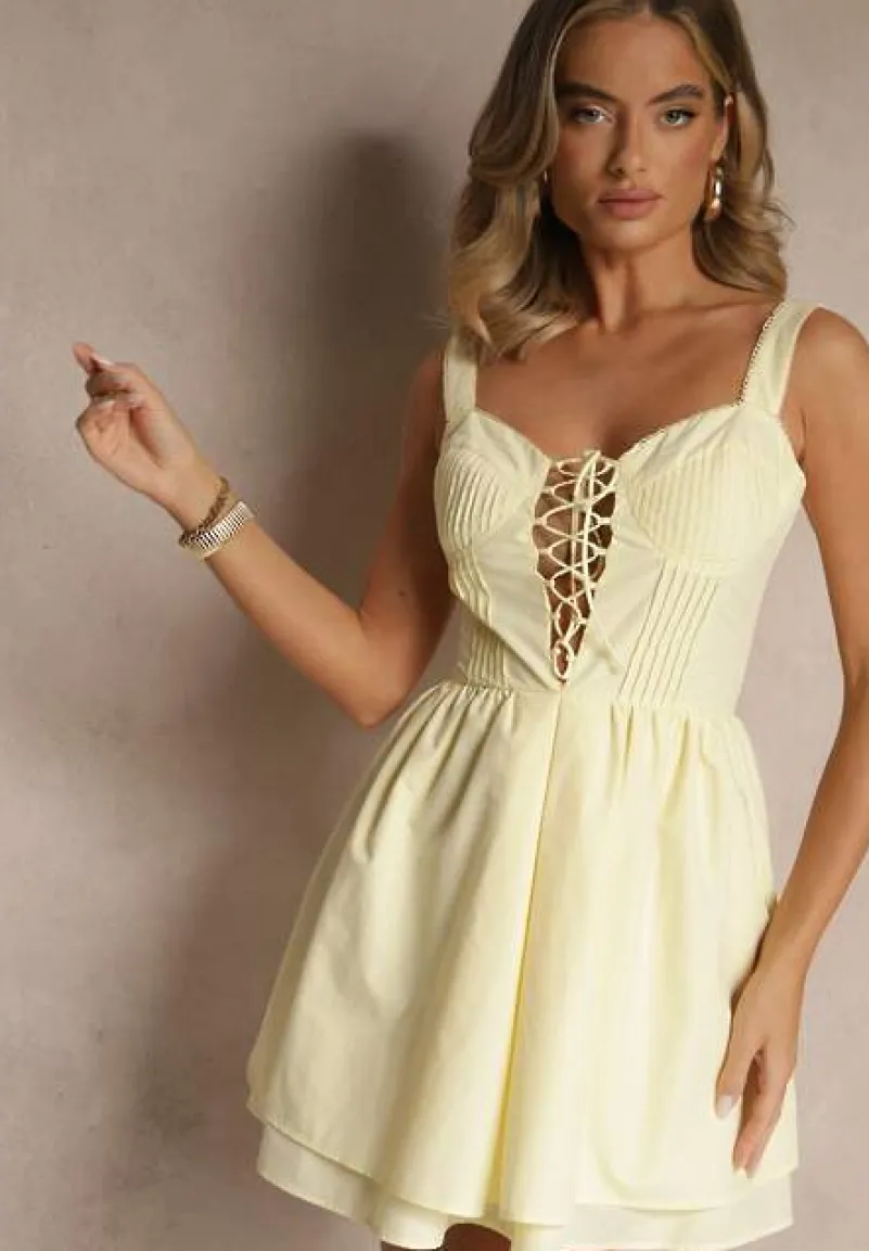 Żółta Rustykalna Sukienka Vices z Bawełny Zdobiona Wiązaniem Fenirelle