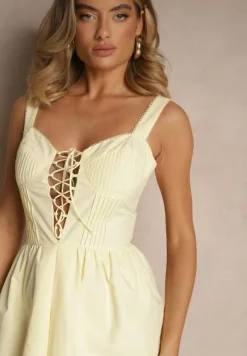 Żółta Rustykalna Sukienka Vices z Bawełny Zdobiona Wiązaniem Fenirelle