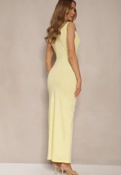 Żółta Sukienka Koktajlowa Ozdobiona Marszczeniem Novalina